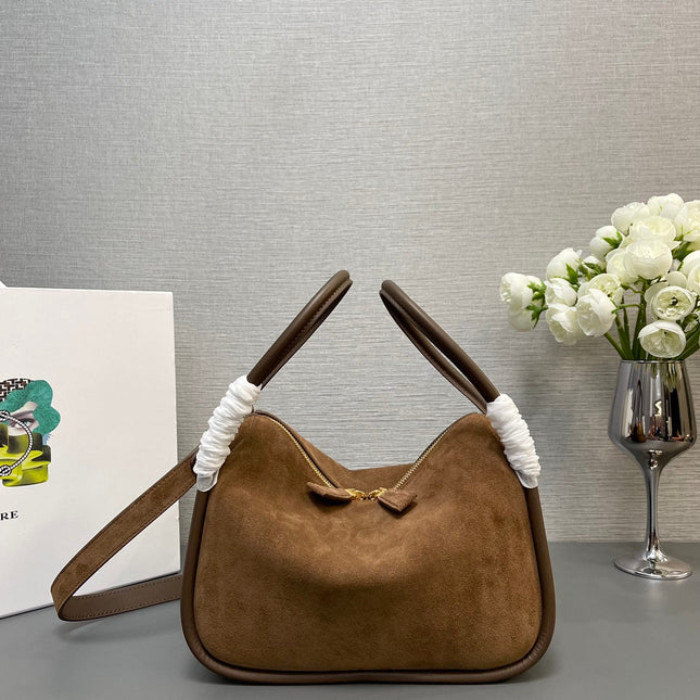 BOWLING BAG 25 IN ASH BROWN SUEDE AND CALFSKIN TRIM GOLD LOGO