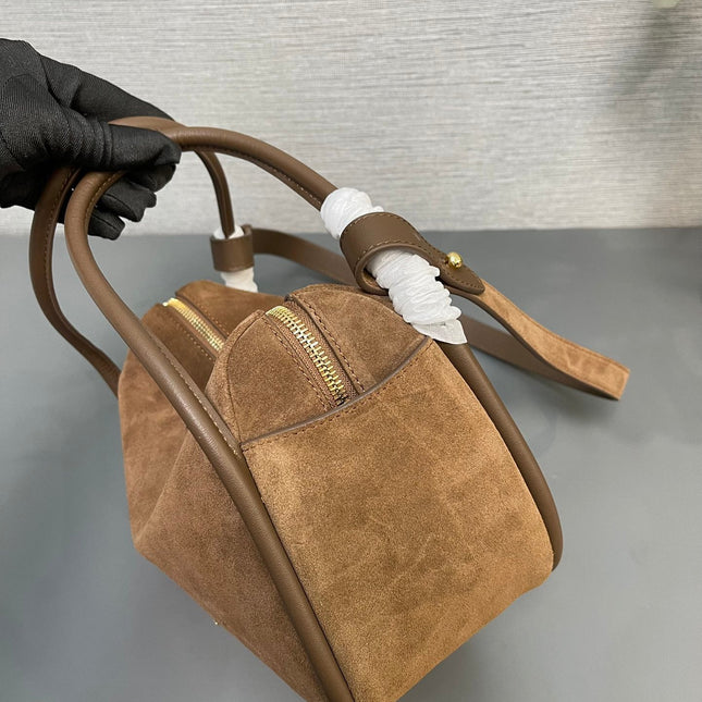 BOWLING BAG 25 IN ASH BROWN SUEDE AND CALFSKIN TRIM GOLD LOGO