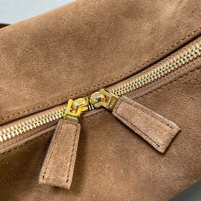 BOWLING BAG 25 IN ASH BROWN SUEDE AND CALFSKIN TRIM GOLD LOGO