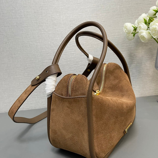 BOWLING BAG 25 IN ASH BROWN SUEDE AND CALFSKIN TRIM GOLD LOGO
