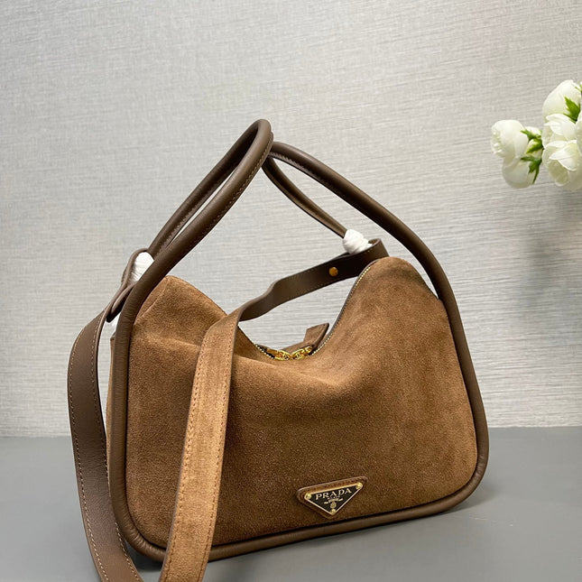 BOWLING BAG 25 IN ASH BROWN SUEDE AND CALFSKIN TRIM GOLD LOGO