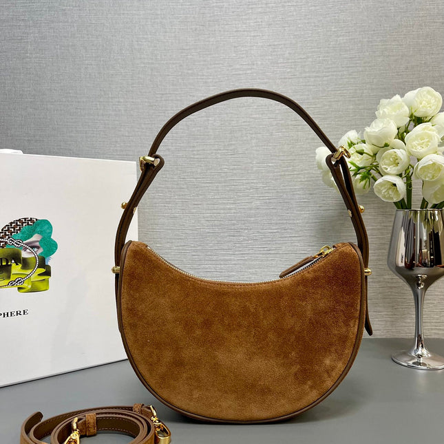 MOON HANDBAG 22 IN RUSSET BROWN SUEDE