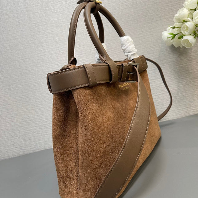 SMALL TOTE BAG WITH BELT 32 IN RUSSET BROWN SUEDE