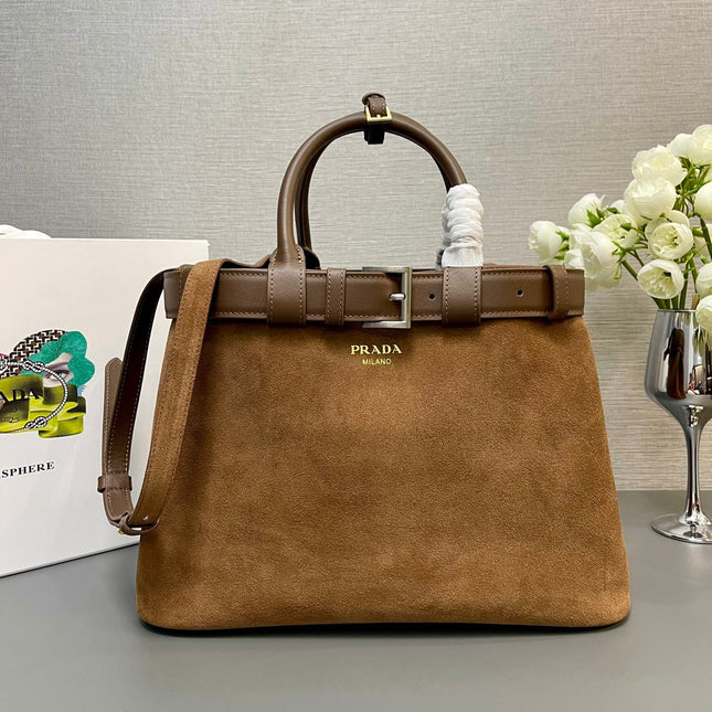 MEDIUM TOTE BAG WITH BELT 35 IN RUSSET BROWN SUEDE