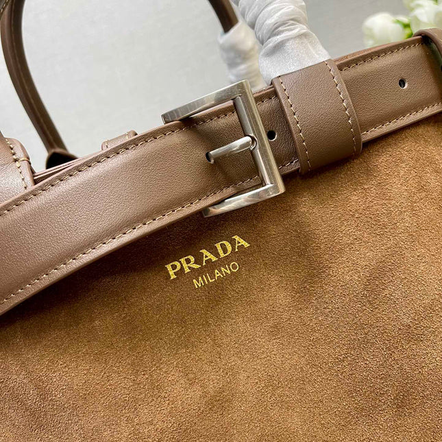 MEDIUM TOTE BAG WITH BELT 35 IN RUSSET BROWN SUEDE