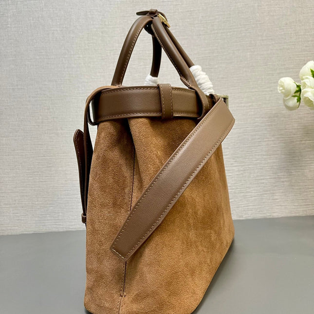 MEDIUM TOTE BAG WITH BELT 35 IN RUSSET BROWN SUEDE