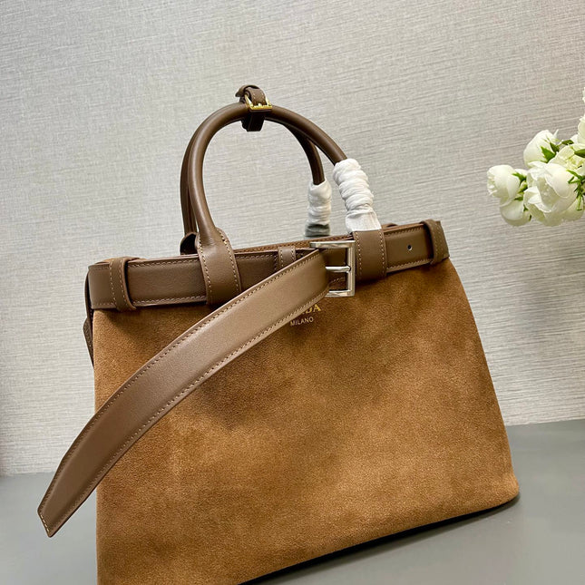 MEDIUM TOTE BAG WITH BELT 35 IN RUSSET BROWN SUEDE