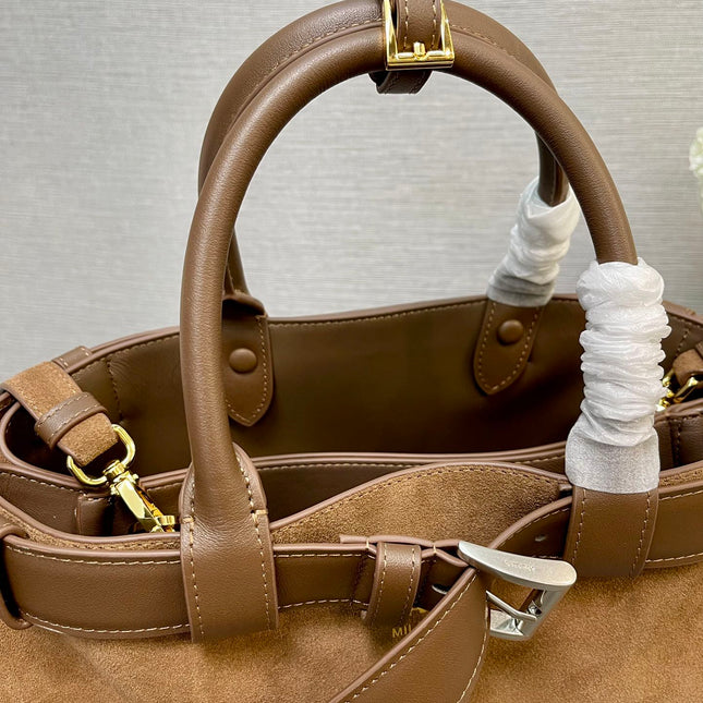 MEDIUM TOTE BAG WITH BELT 35 IN RUSSET BROWN SUEDE