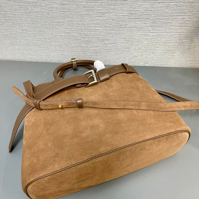 MEDIUM TOTE BAG WITH BELT 35 IN RUSSET BROWN SUEDE