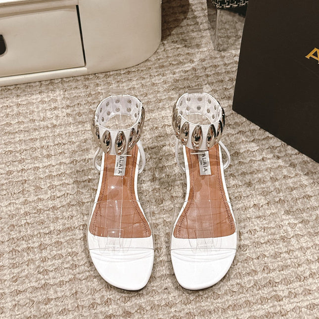 ALAIA SANDAL IN WHITE CALFSKN AND FILM WITH CRYSTAL