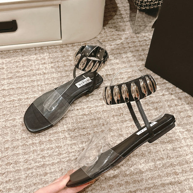 ALAIA SANDAL IN BLACK CALFSKN AND FILM WITH CRYSTAL