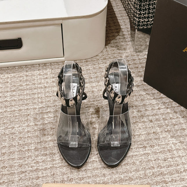 ALAIA HIGH SANDAL IN BLACK CALFSKN AND FILM WITH CRYSTAL