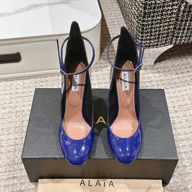 ALAIA ROUND-TOE HIGH HEELS 10 CM IN NAVY BLUE CALFSKIN