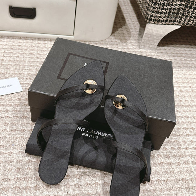 SL TANGER SLIDES BLACK SATIN