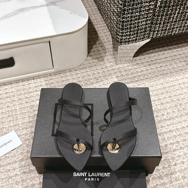 SL TANGER SLIDES BLACK SATIN