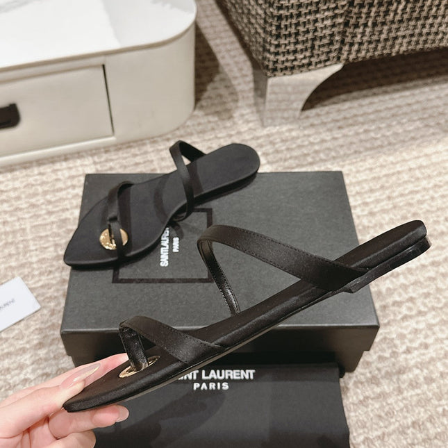 SL TANGER SLIDES BLACK SATIN