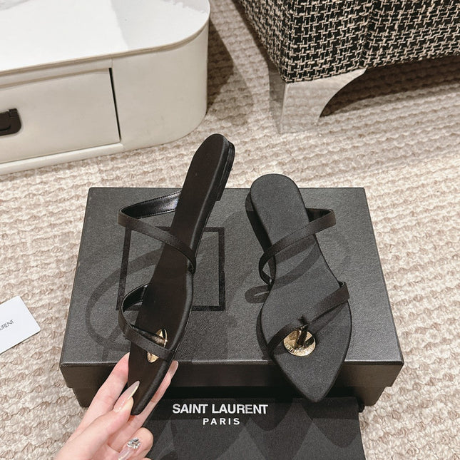 SL TANGER SLIDES BLACK SATIN