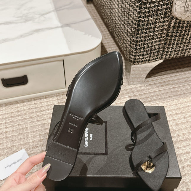 SL TANGER SLIDES BLACK SATIN