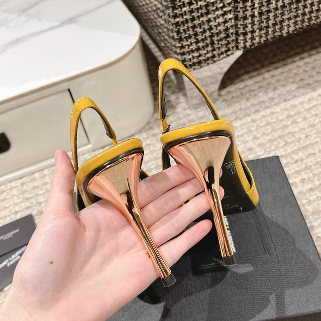 DUNE HIGH 10 CM SLINGBACK PUMPS IN CLASSIC YELLOW PATENT LEATHER WITH CRYSTAL