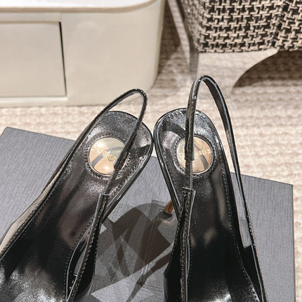 DUNE HIGH 10 CM SLINGBACK PUMPS IN BLACK PATENT LEATHER WITH GREEN CRYSTAL