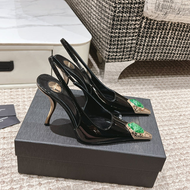 DUNE HIGH 10 CM SLINGBACK PUMPS IN BLACK PATENT LEATHER WITH GREEN CRYSTAL