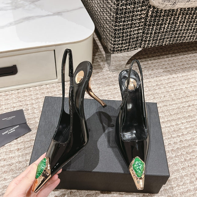 DUNE HIGH 10 CM SLINGBACK PUMPS IN BLACK PATENT LEATHER WITH GREEN CRYSTAL
