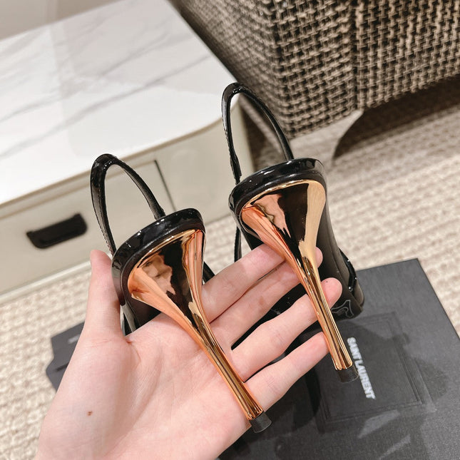 DUNE HIGH 10 CM SLINGBACK PUMPS IN BLACK PATENT LEATHER WITH GREEN CRYSTAL