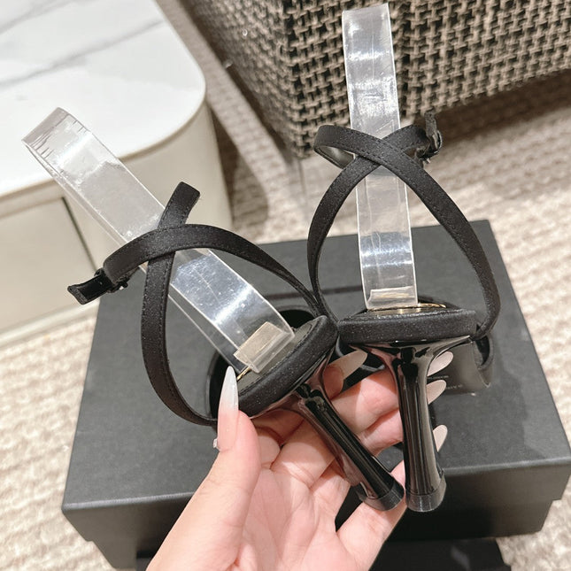 HIGH-HEELED SLINGBACKS SANDAL 7 CM IN BLACK SILK
