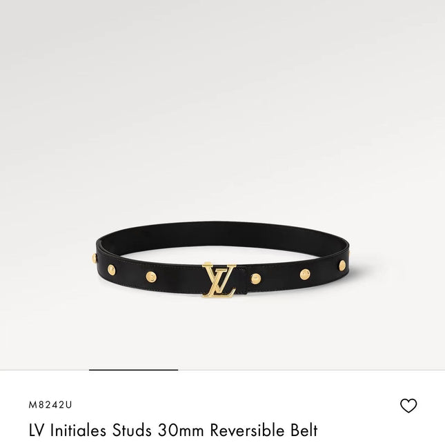 LV INITIALES STUDS 30 MM REVERSIBLE BELT IN BLACK CALFSKIN GOLD HARDWARE
