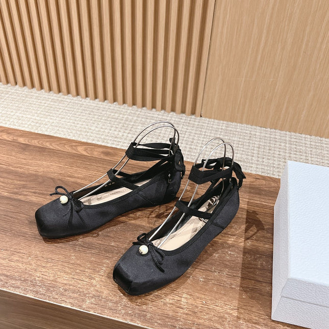 DIOR CLASSIC LACE-UP BALLET FLATS 25S IN BLACK SATIN PEARL DETAILING
