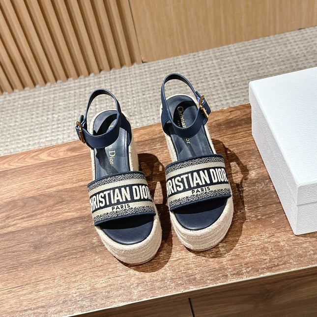 DWAY WEDGE SANDAL IN DEEP BLUE EMBROIDERED COTTON RAFFIA SOLE