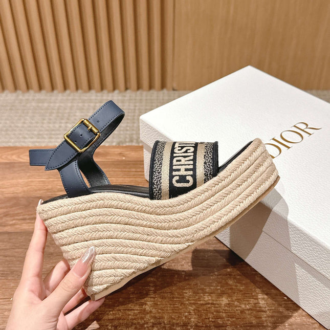 DWAY WEDGE SANDAL IN DEEP BLUE EMBROIDERED COTTON RAFFIA SOLE