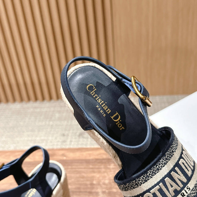 DWAY WEDGE SANDAL IN DEEP BLUE EMBROIDERED COTTON RAFFIA SOLE