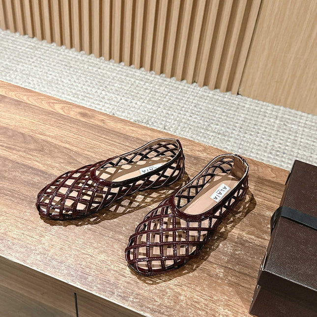 ALAIA MESH BALLET FLATS 25S IN DARK RED LAMBSKIN
