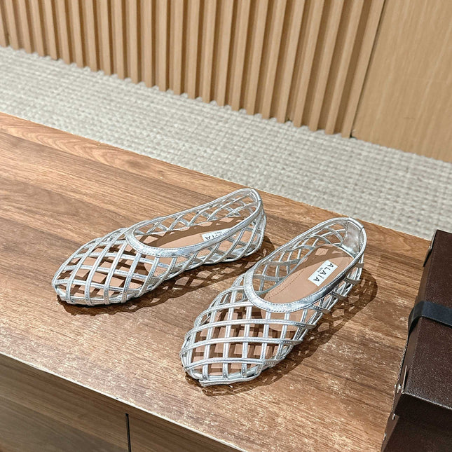 ALAIA MESH BALLET FLATS 25S IN SILVER LAMBSKIN