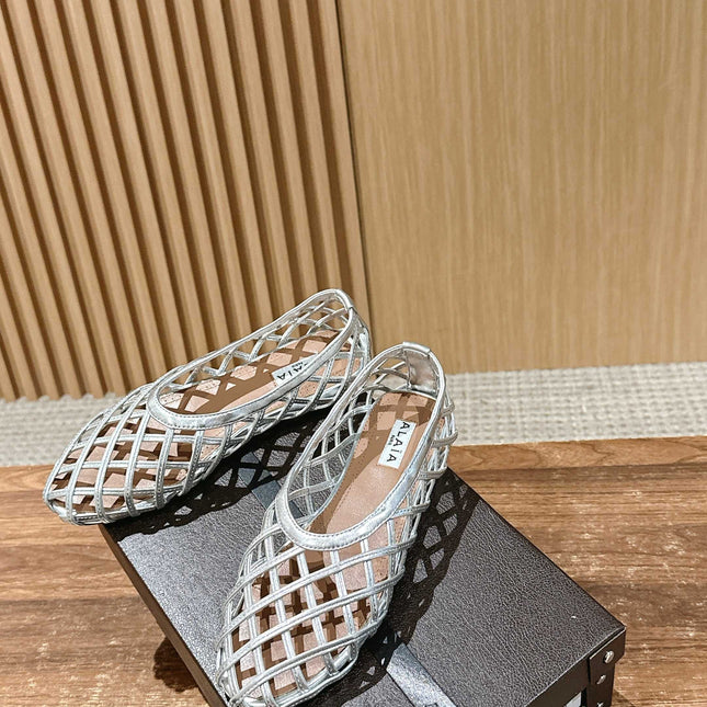 ALAIA MESH BALLET FLATS 25S IN SILVER LAMBSKIN