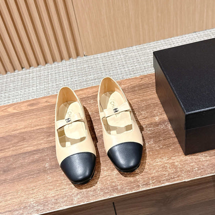 CHANEL 25S BALLET MARY JANES BEIGE AND BLACK IN CALFSKIN