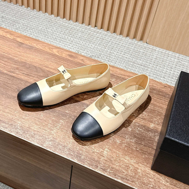 CHANEL 25S BALLET MARY JANES BEIGE AND BLACK IN CALFSKIN