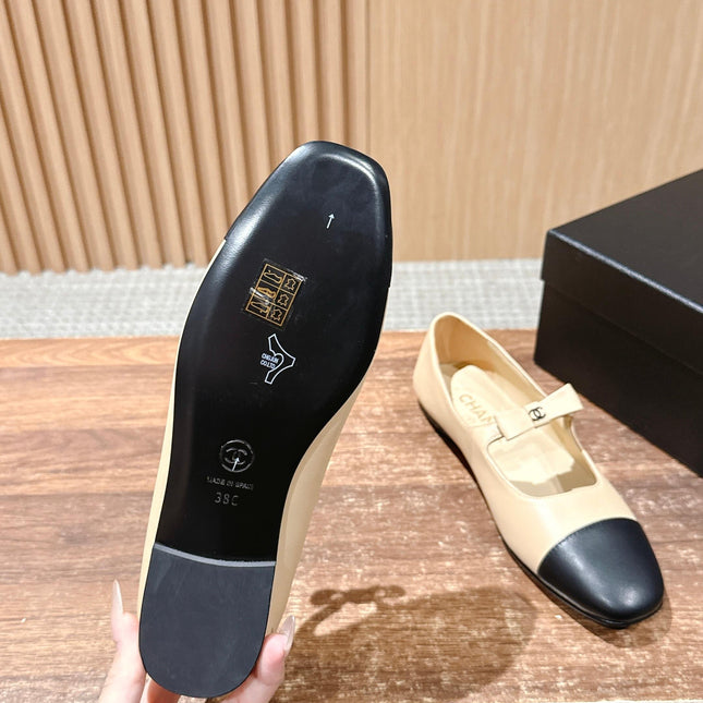 CHANEL 25S BALLET MARY JANES BEIGE AND BLACK IN CALFSKIN