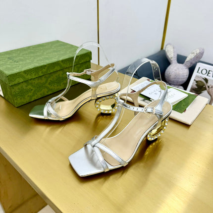 MEDIUM-HEEL SANDAL IN SILVER CALFSKIN GOLD HARDWARE WITH RHINSTONES