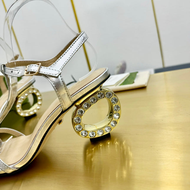 MEDIUM-HEEL SANDAL IN SILVER CALFSKIN GOLD HARDWARE WITH RHINSTONES