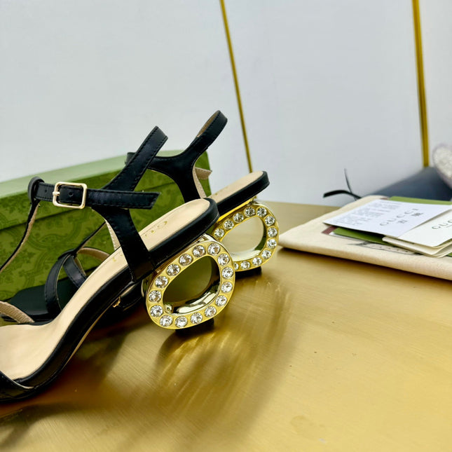 MEDIUM-HEEL SANDAL IN BLACK CALFSKIN GOLD HARDWARE WITH RHINSTONES