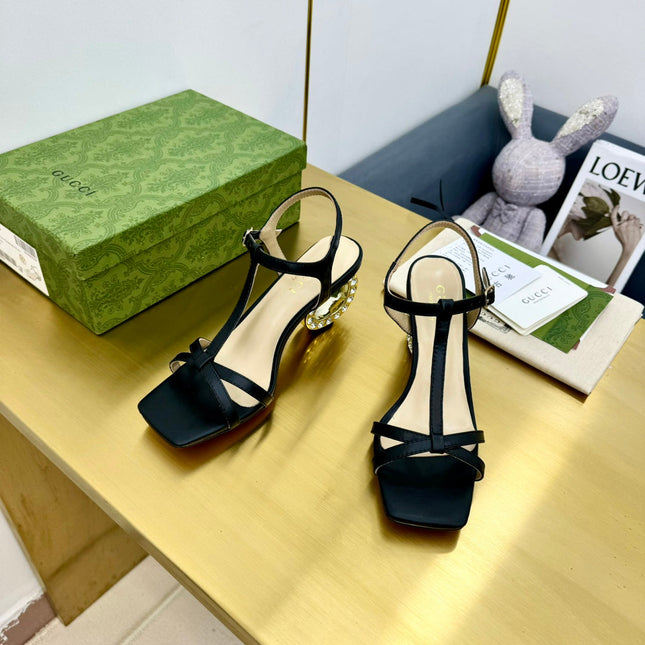 MEDIUM-HEEL SANDAL IN BLACK CALFSKIN GOLD HARDWARE WITH RHINSTONES