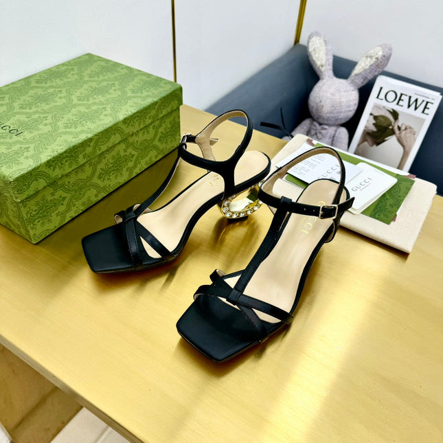 MEDIUM-HEEL SANDAL IN BLACK CALFSKIN GOLD HARDWARE WITH RHINSTONES