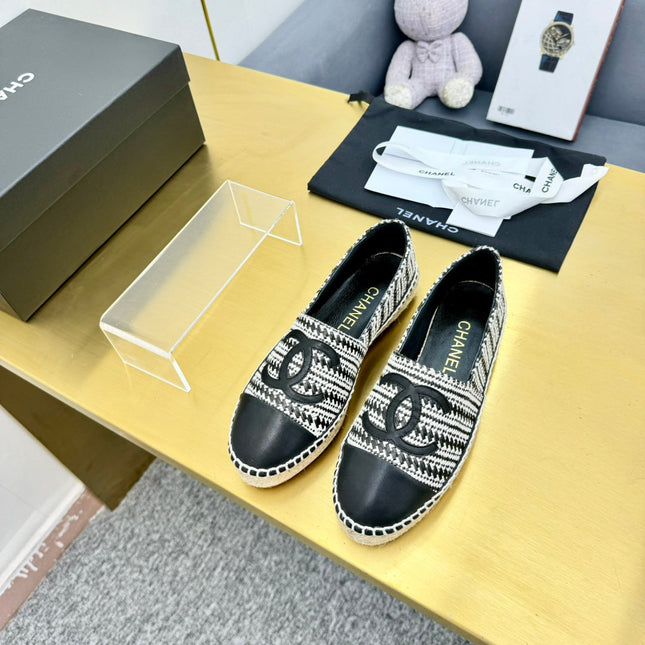 CC ESPADRILLES PLATFORM 25S IN SKY BLACK AND WHITE TWEED MIX CALFSKIN
