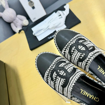CC ESPADRILLES PLATFORM 25S IN SKY BLACK AND WHITE TWEED MIX CALFSKIN