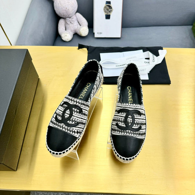 CC ESPADRILLES PLATFORM 25S IN SKY BLACK AND WHITE TWEED MIX CALFSKIN