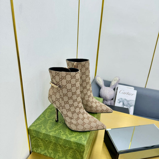 GG SIGNORIA ANKLE BOOT IN TAN BEIGE MONOGRAM CANVAS