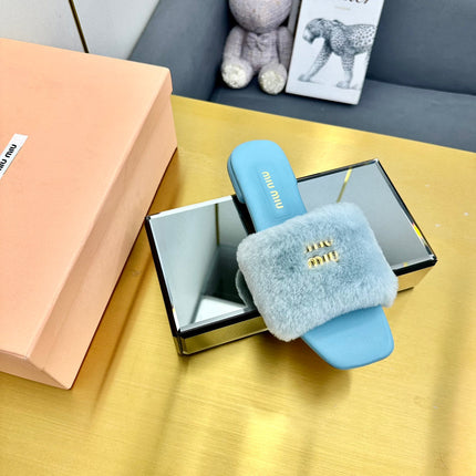 SKY BLUE SLIPPERS LAMB FUR