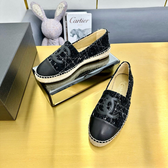 CC ESPADRILLES PLATFORM 25S IN BLACK TWEED AND LAMBSKIN WITH WHITE STRIPES